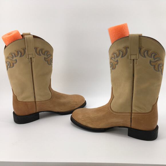 Ariat Mens 10.5 Beige Tan Leather Western Boots Blue Embroidered Round Toe 35421 main image 9